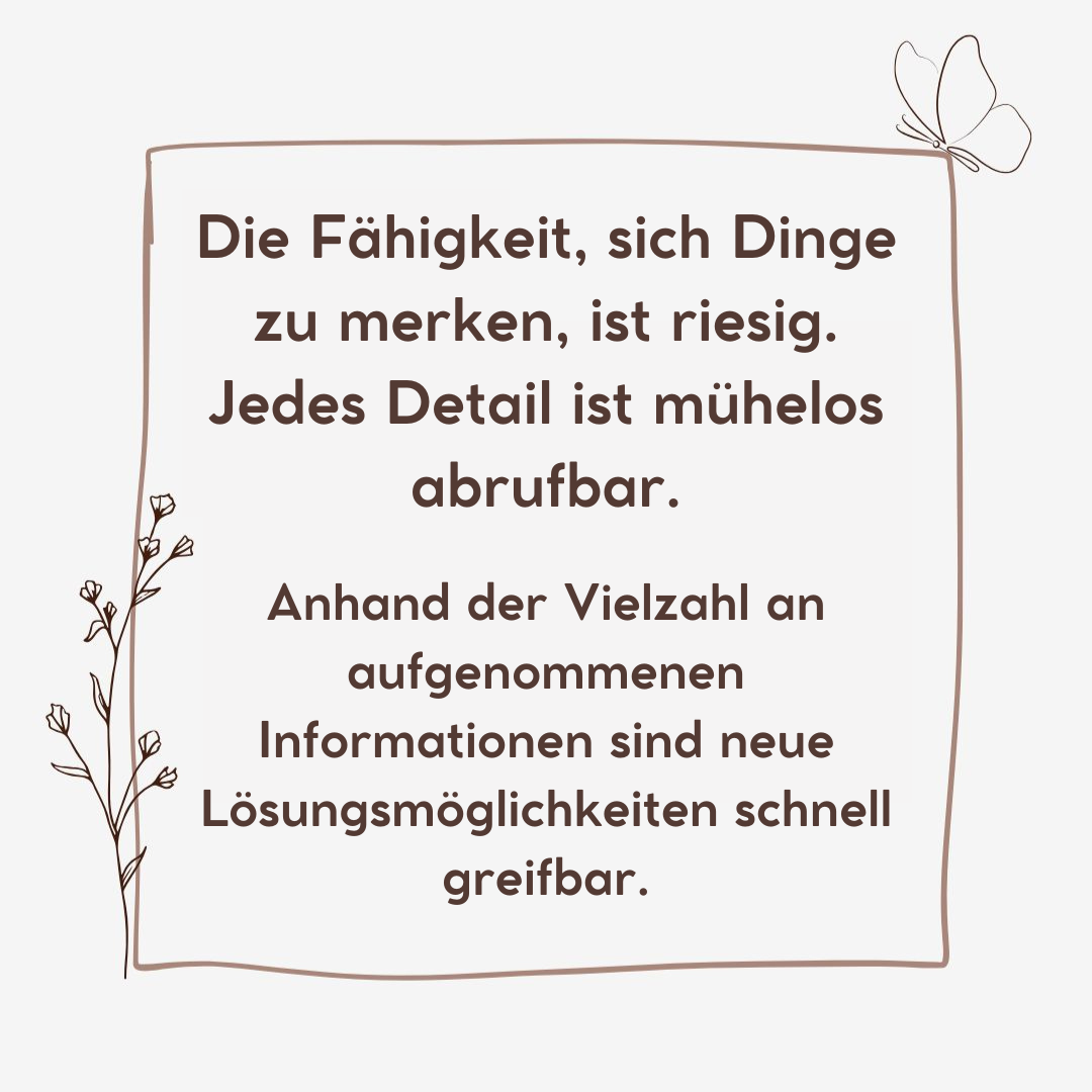 Die Fähigkeit, sich Dinge zu merken, ist riesig. Jedes Detail ist mühelos abrufbar. Anhand der Vielzahl an aufgenommenen
