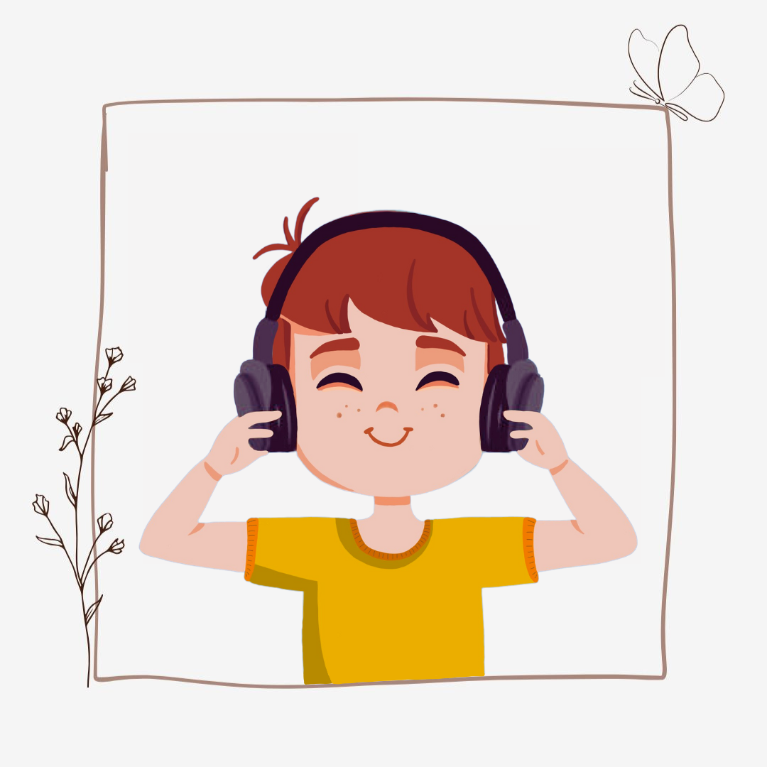 Weißer Hintergrund mit einer Illustration eines Jungen, der über Kopfhörer Musik hört.