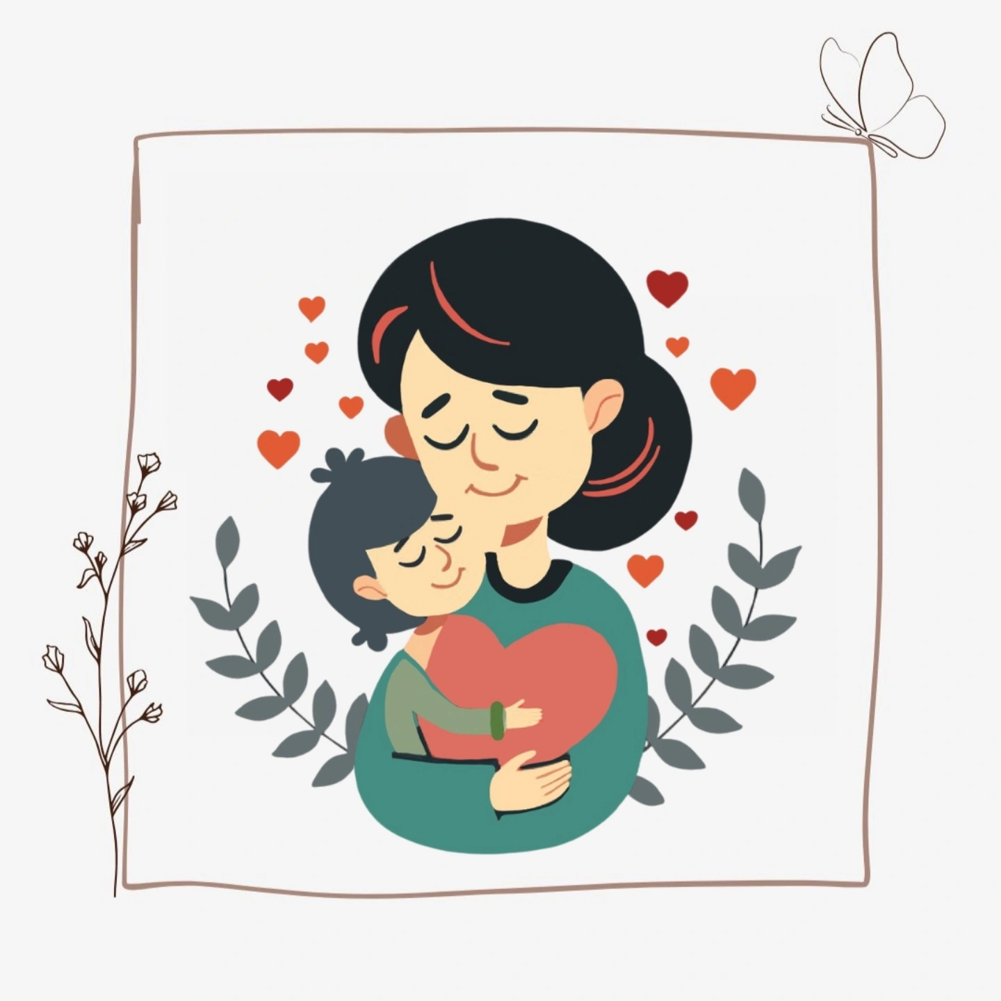 Weißer Hintergrund mit der Illustration einer Mutter, die ihr Kind liebevoll im Arm wiegt.