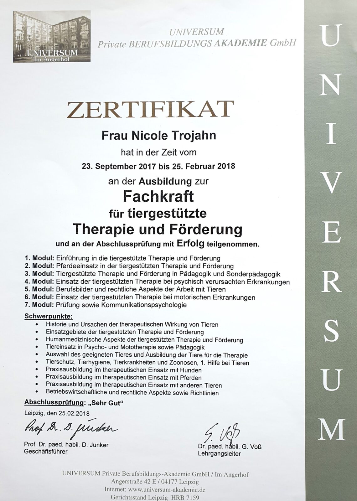 Zertifikat tiergestützte Therapie und Förderung, Nicole Trojahn - Beratung für Hochsensible