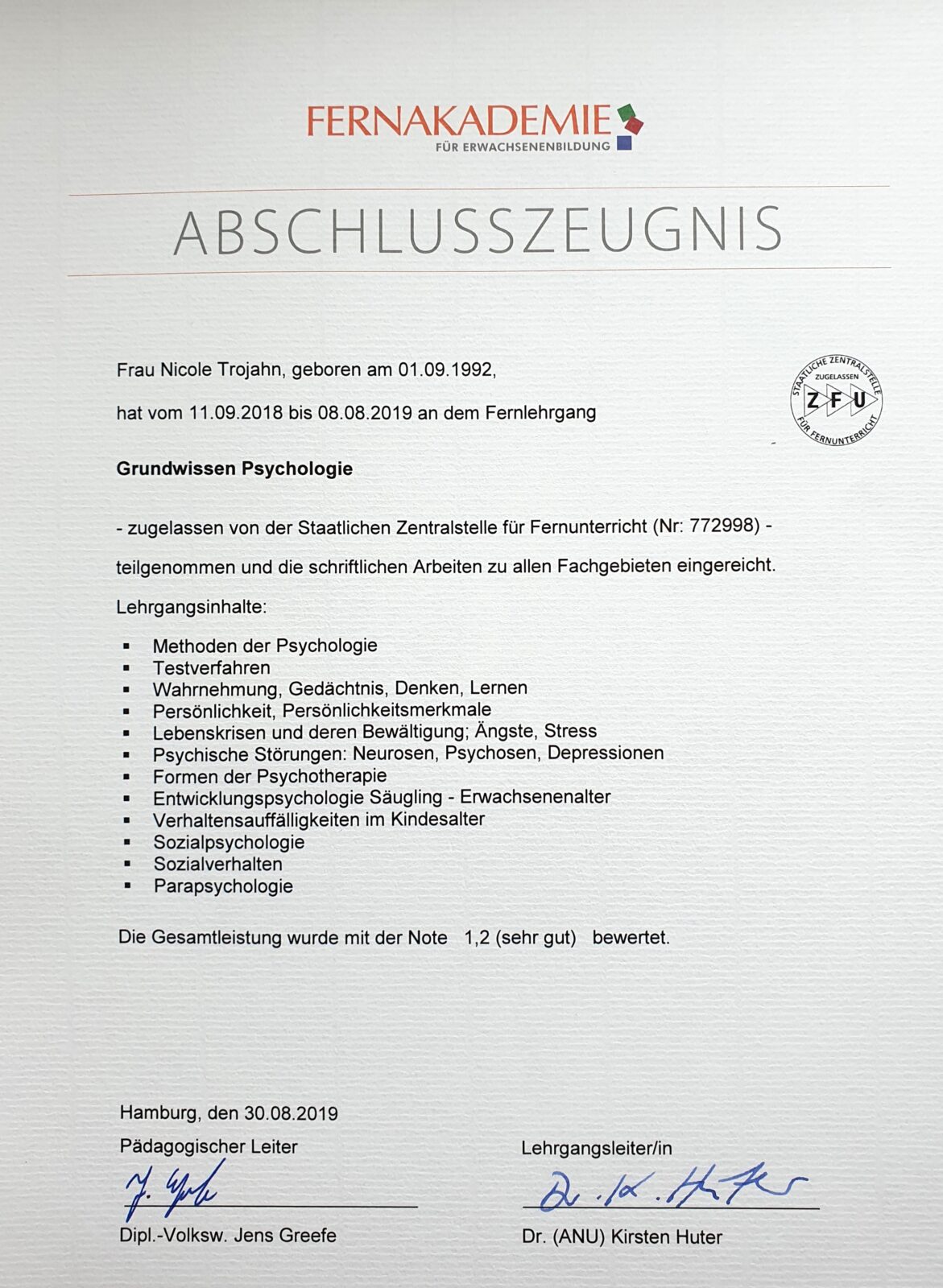 Abschlusszeugnis zur Weiterbildung Grundwissen Psychologie Nicole Trojahn, Beratung für Hochsensible